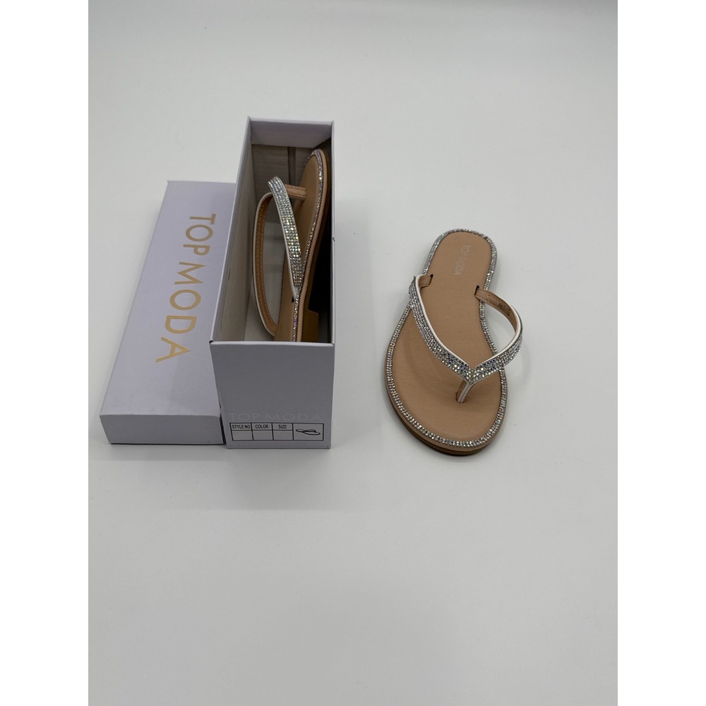 Top Moda Haiti-1 Rhinestone Thong Sandals Tan Silver Sparkle Flat Flip Flops 6.5